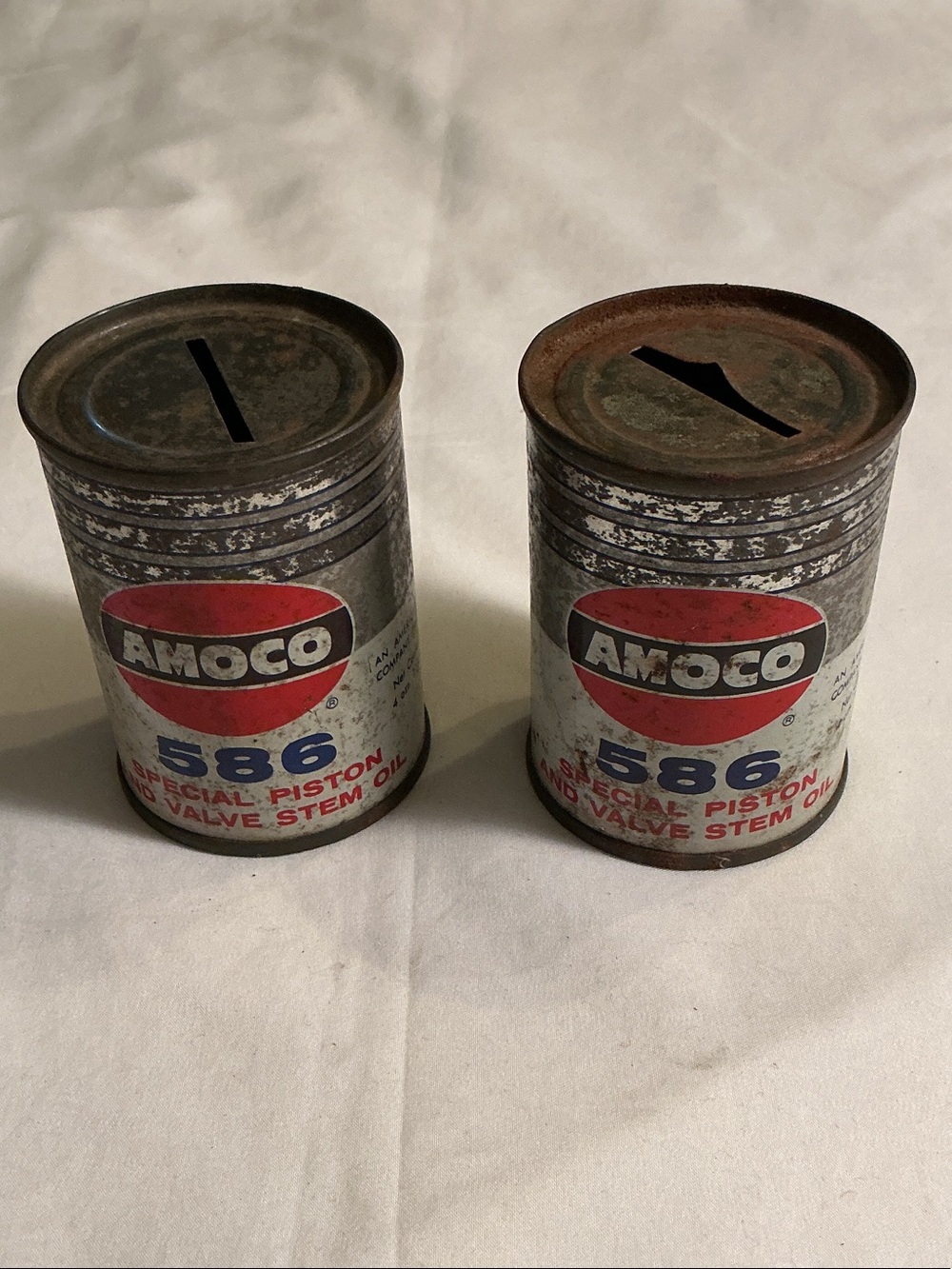 Antique AMOCO 586 Red Blue and White Oil Can Coin Banks - Set of 2